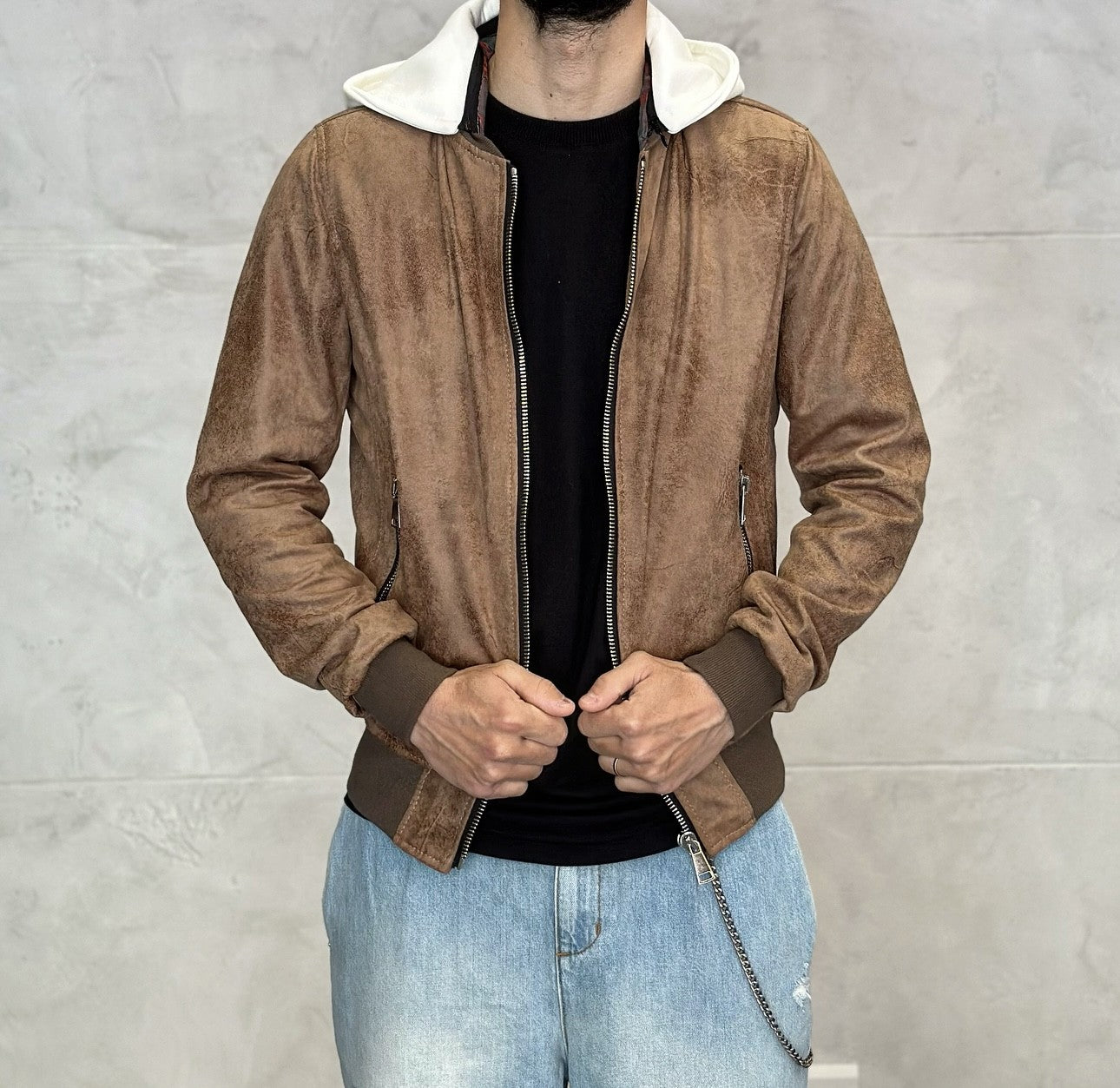 BOMBER ECOPELLE INVECCHIATO CON CAPPUCCIO RIMOVIBILE - BERNA - *ART. 23032756 - COL. TABACCO