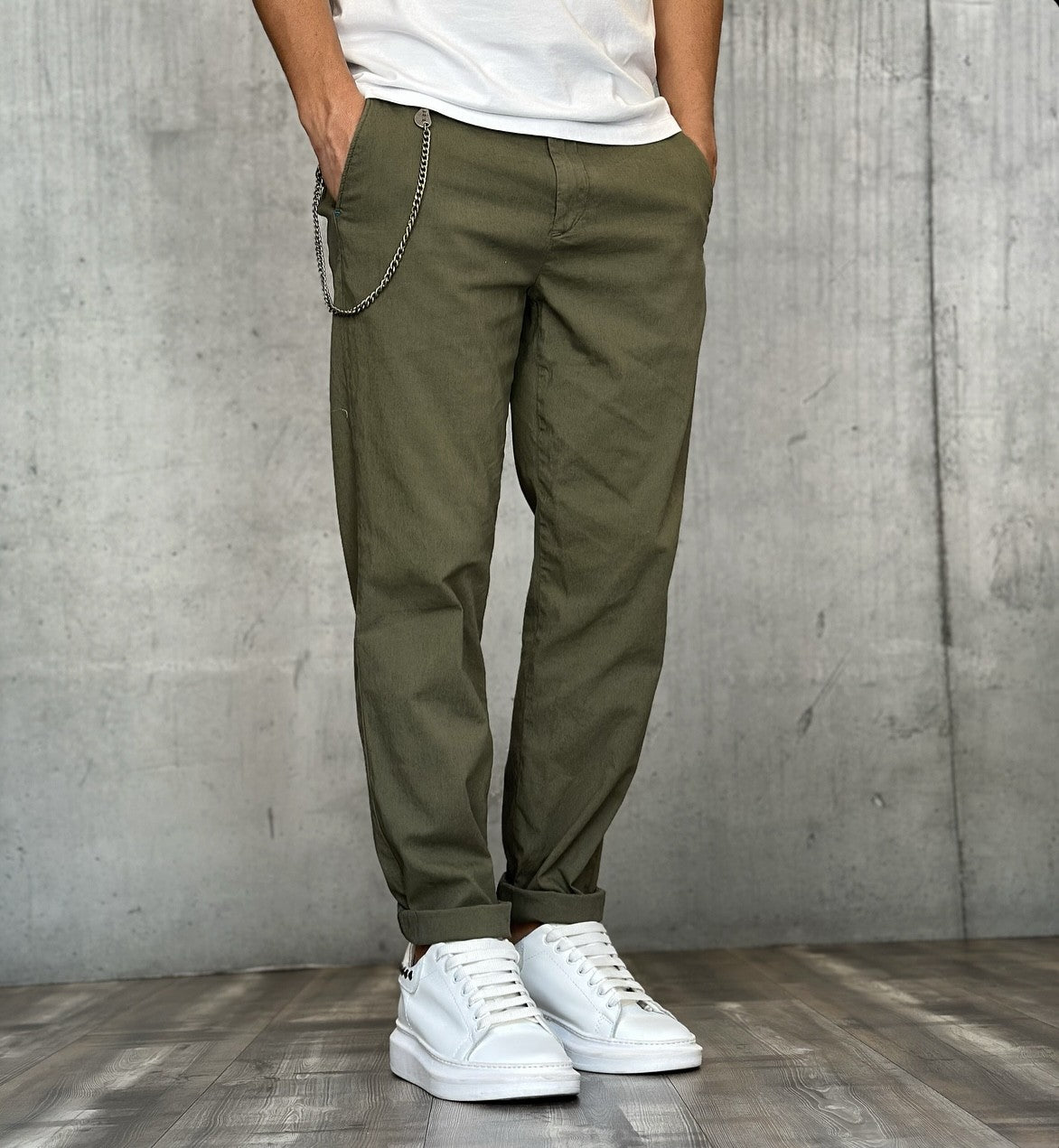 PANTALONE CHINOS REGULAR MISTO LINO - BL.11 - *ART. BASSOTTI57 - COL. MILITARE