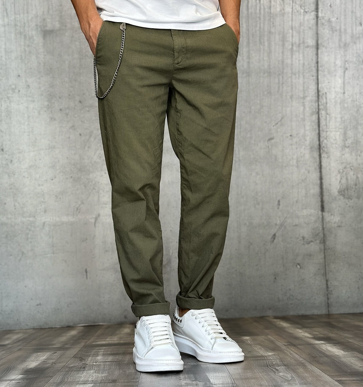 PANTALONE CHINOS REGULAR MISTO LINO - BL.11 - *ART. BASSOTTI57 - COL. MILITARE