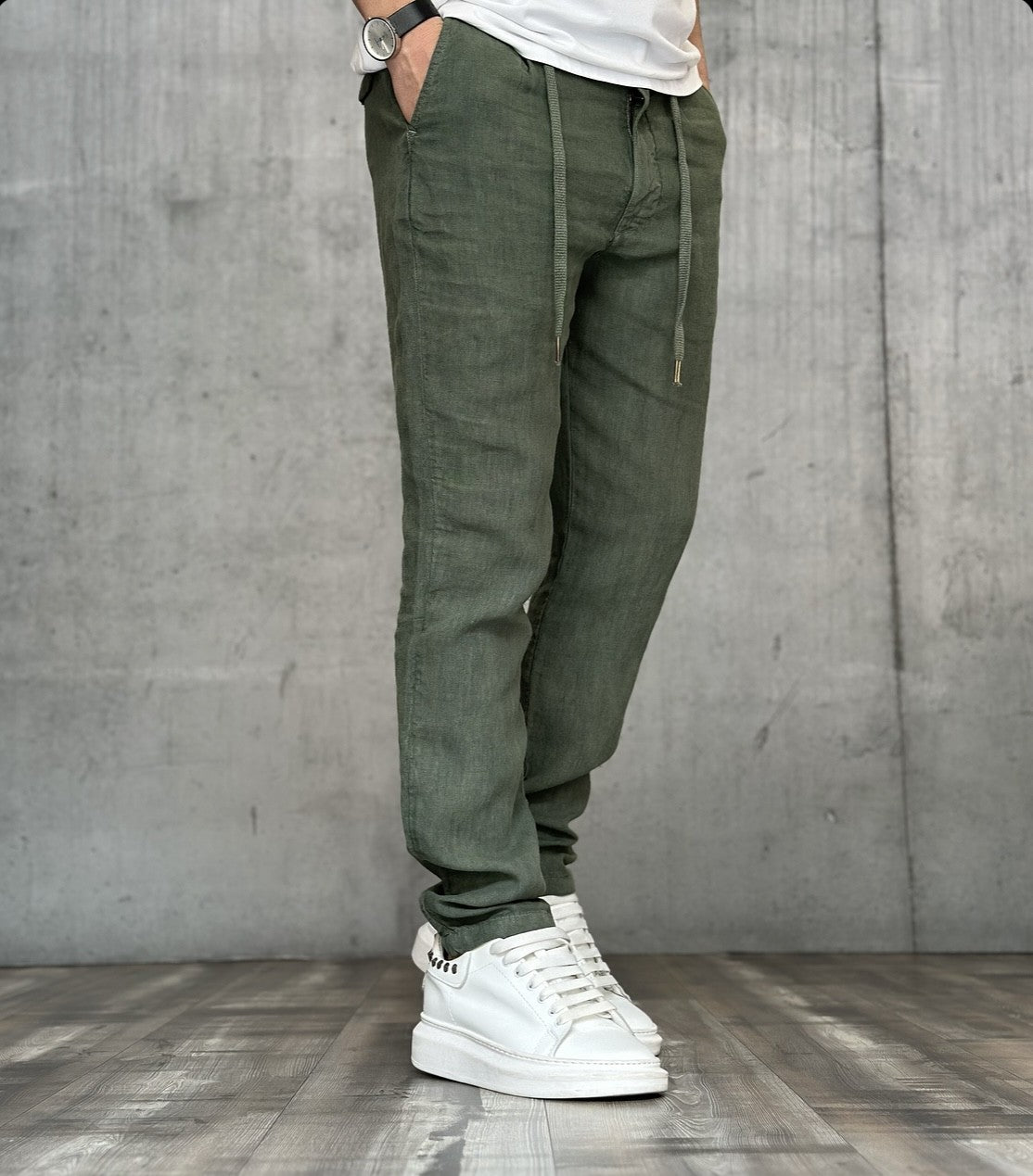 PANTALONE COULISSE LINO - BL.11 - ART. P29327- COL. VERDE MILITARE