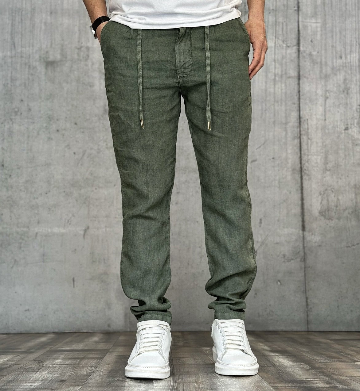 PANTALONE COULISSE LINO - BL.11 - ART. P29327- COL. VERDE MILITARE