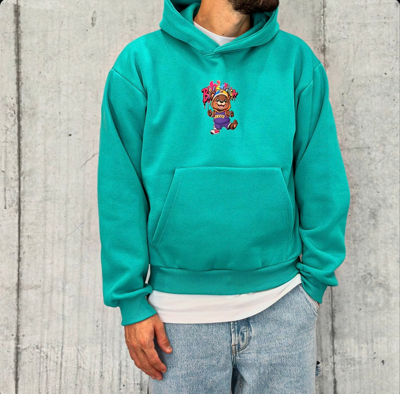 FELPA OVER CON CAPPUCCIO STAMPA ORSETTO - HAMEN - ART. JUNIOR BEAR BOXY FIT - COL. TIFFANY